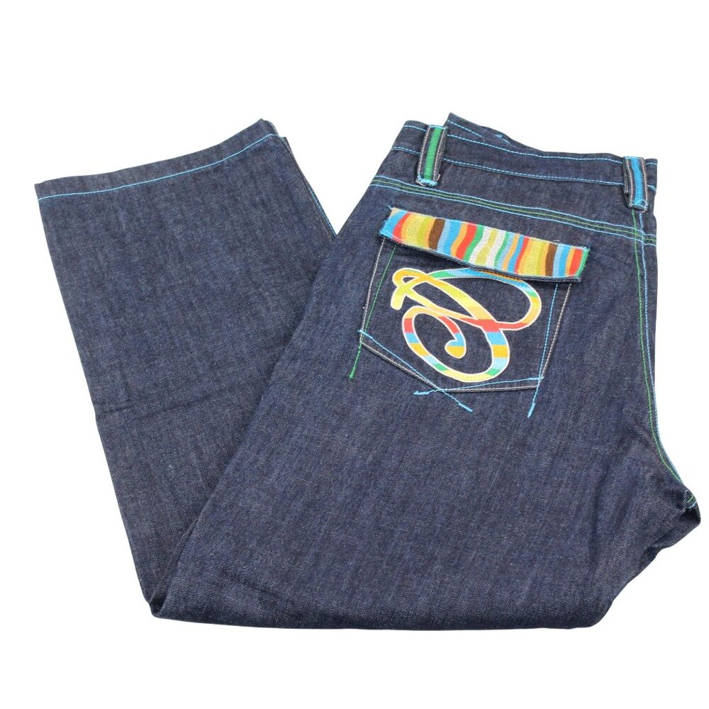 VTG COOGI Jeans 38 X 34 Embroidered Pockets Baggy Y2K Rainbow Colors Dark Wash